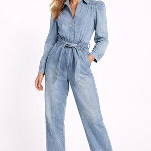Express Chambray Denim Tie Waist Snap Closure Pocket One Piece Jumpsuit Sz 2